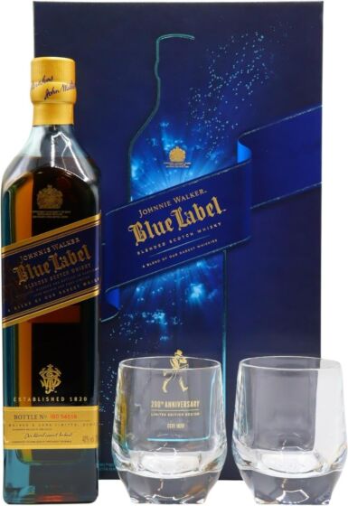 Johnnie Walker Blue Label  200th Anniversary Gift Set 70cl with branded Crystal glass tumblers 